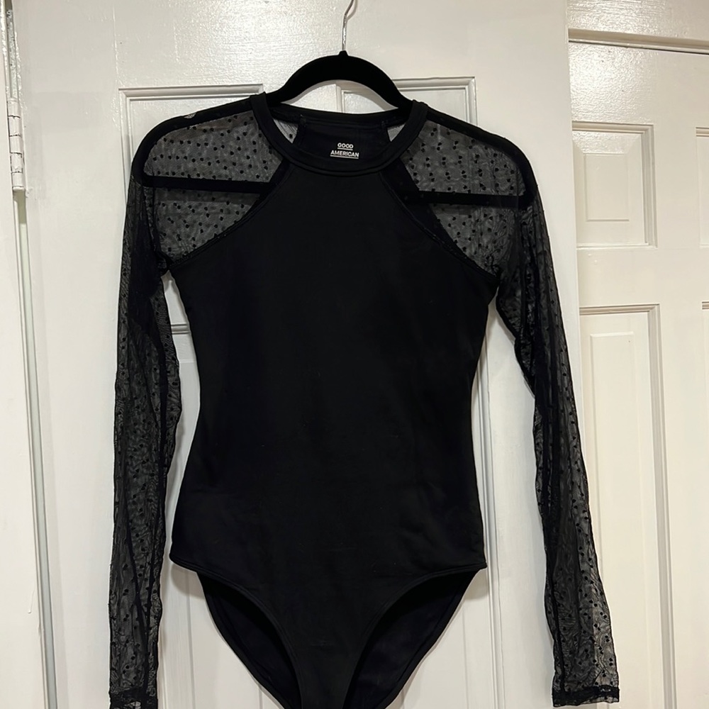 Good American black bodysuit - size two. Long sleeve with sheer polka dot arms